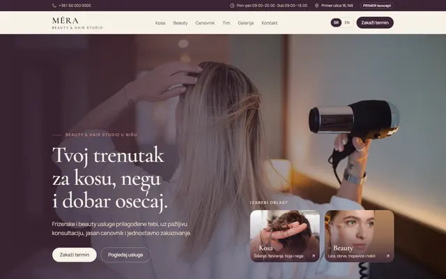 Početna stranica koncepta MÉRA Beauty & Hair Studio